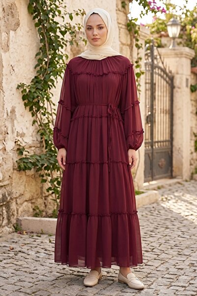 TOFİSA Layered Detailed Chiffon Dress Burgundy - 28517-Bordo