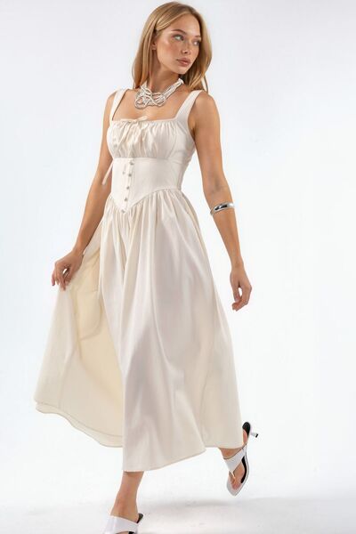 Hiccup Busem Buttoned Square Neck Midi Dress