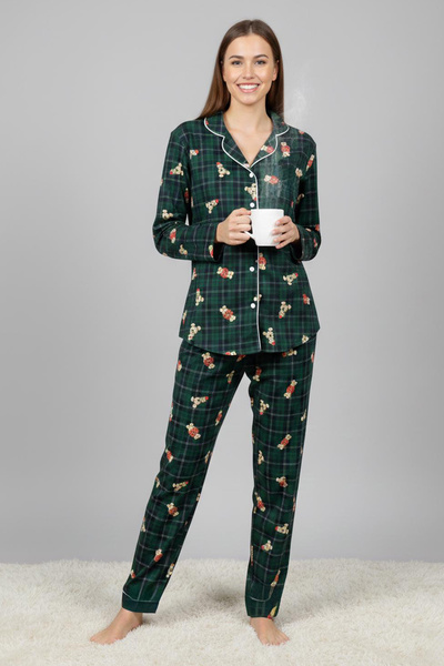TOFİSA Printed Suede Pajama Set with Interlaced Detail - 28179-Zumrut