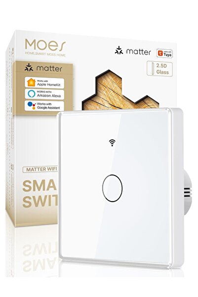 MOES Smart Switch, WiFi Matter, 1-channel, flush-mounted, 2.5D glass, White