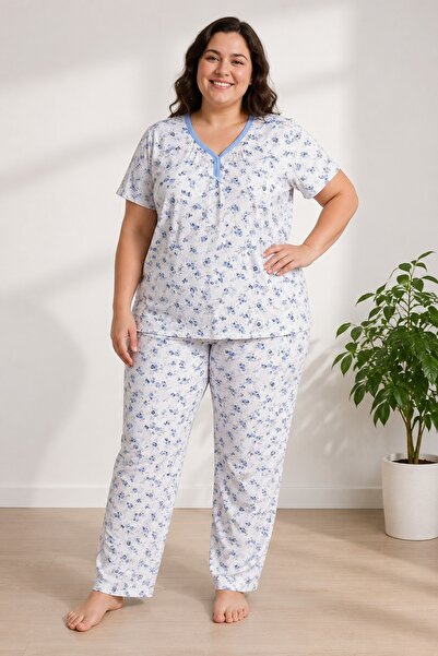 CottonVia Mother's Pajama Set, Ribbed V-Neck, Floral Pattern, Short Sleeve, 1...
