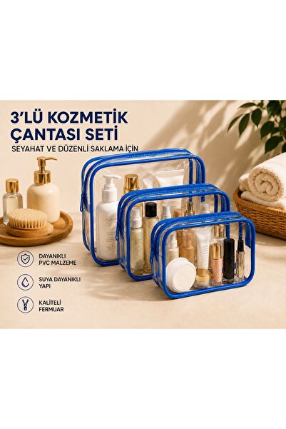 MODEL 3'lü Su Geçirmez Pvc Makyaj Ve Organizer Düzenleyici Seyahat Çantası Seti