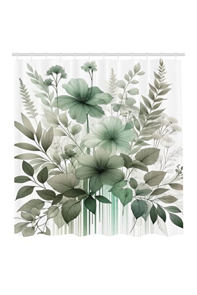 OEM Perdea de duș din material textil, verde salvie, cu imprimeu floral nosta...