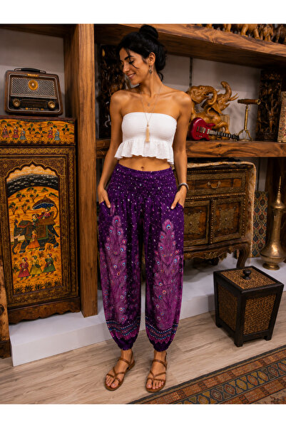 KESKİN AKSESUAR ETNİK DESENLİ ŞALVAR %100 RAYON KUMAŞ CEPLİ STANDART BEDEN (S...