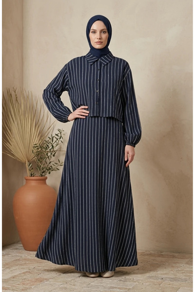 sefamerve Striped Modal Shirt Collar Hijab Double Set 0328-06 Navy Blue