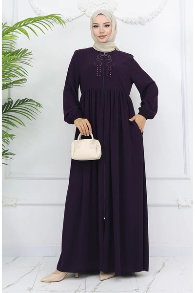 sefamerve Elastic sleeve stone zippered abaya 6129-06 plum