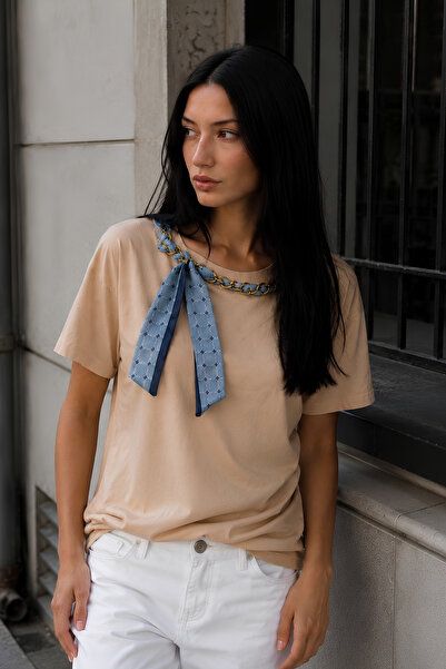 Merci Women's Mustard Chain and Scarf Detailed Oversize Short Sleeve T-Shirt ...