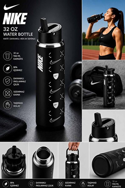 Nike 32 oz (946 ml) Özel Grafik Desenli Paslanmaz Çelik Sporcu Matarası - Siyah