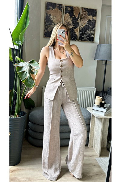 Keten Bej 2’li Takım Pantalonun Beli Lastikli