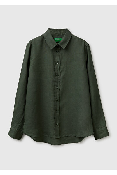 United Colors of Benetton Women's Khaki 100% Linen Classic Collar Long Sleeve...
