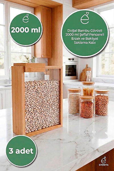 EVONİTA 2000 ML Bambu Kapaklı Erzak Kabı Bakliyat Saklama Kabı Mutfak Organiz...