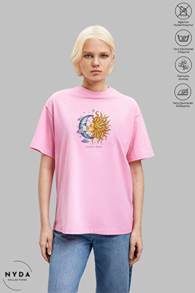 Nyda Collections Unisex Crew Neck Sun Moon Printed Cotton Oversize Short Slee...