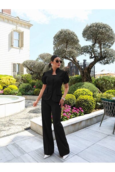 mafdress Kadın Krep Kumaş Siyah Dik Yaka Cepli Düğmesi İncili İkili Takım