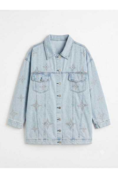 Aynaz Taş Detaylı Yıldız İşlemeli Oversize Mavi Denim Jean Ceket