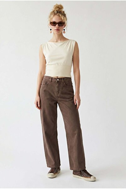 Mixray 2128 Women's Slim Seasonal High Waist Wide Leg Denim Trousers Brown