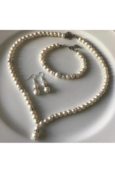 Luba Mayorka 8 mm Pearl Silver Necklace Bracelet Earring Set/ Set