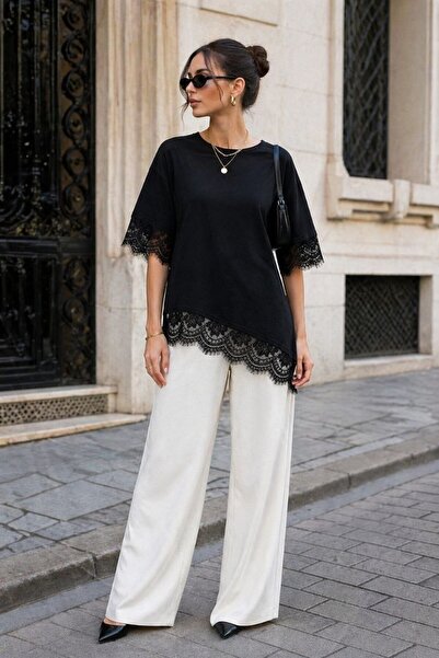 Lesy Lace Asymmetrical Detailed T-Shirt