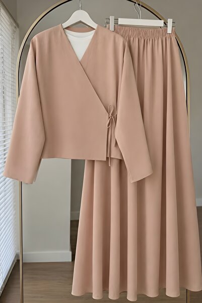 İmajButik Set suknje kimono sa bočnim vezivanjem u tamno bež boji