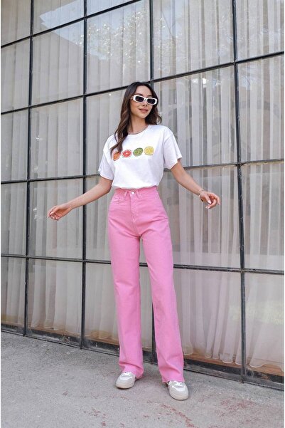 MIZUKI Women's Pink High Waist Wide Leg Loose Leg Jean Denim Trousers