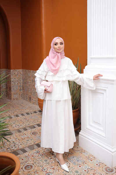 İmajButik Ecru Shirt and Layered Skirt Set