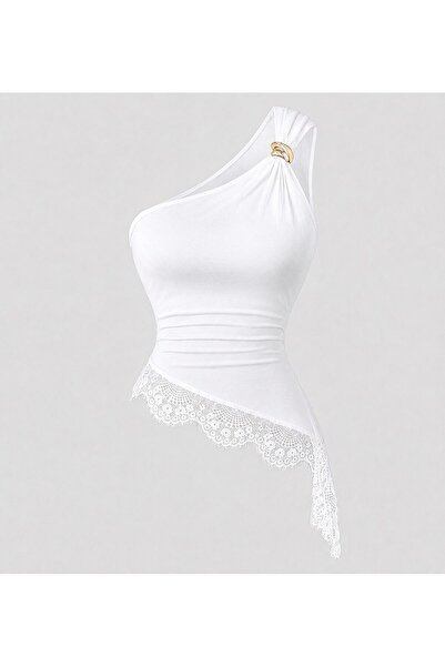 MYCPARL One-Shoulder Accessory Lace Detailed Asymmetrical Cut Natural Viscose...