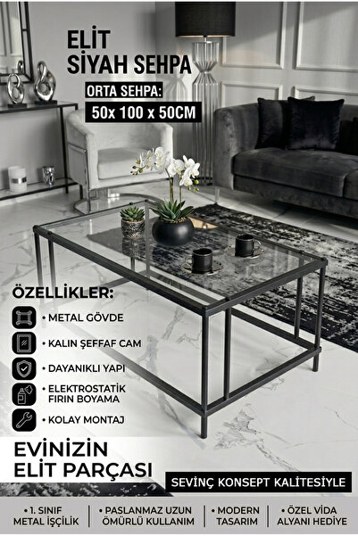 SEVİNÇ KONSEPT Elit SİYAH Orta Sehpa Şeffaf Camlı 54 x 94 CM, Yükseklik 50 cm...