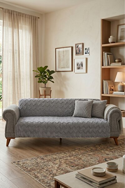 ARİFE HOME Bearded Patterned Modern Chenille Sofa Cover - Anthracite Gray Dec...