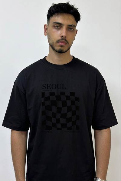 Anetos Wavy Checkerboard Design Printed Oversize Black T-Shirt