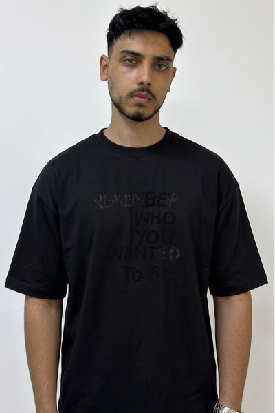 Anetos Motivational Quote Design Printed Oversize Black T-Shirt