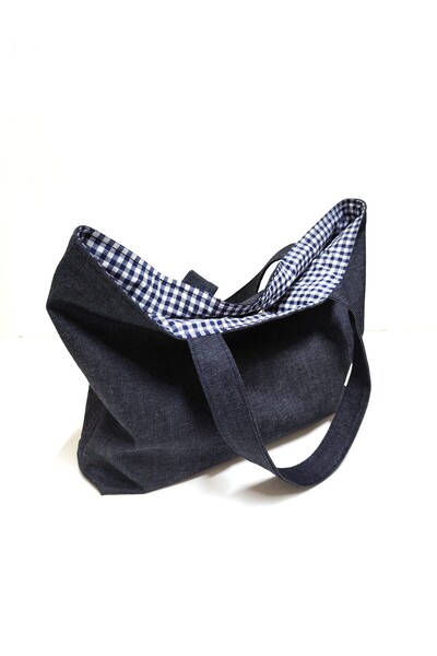minart design Navy Blue Solid Color Denim Checkered Lined Shoulder Bag (with Makeup Bag as a Gift)