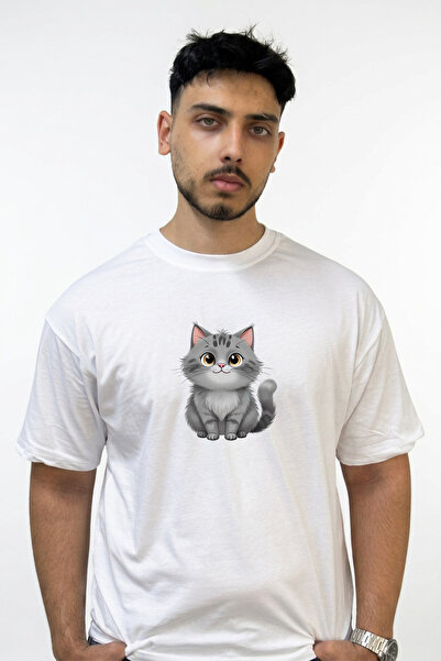 Anetos Cartoon Cat_5 Design Printed Oversize White T-Shirt