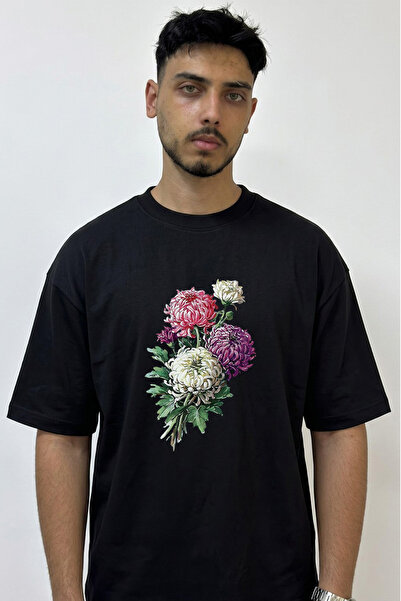Anetos Kasimpati Bouquet Design Printed Oversize Black T-Shirt