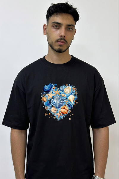 Anetos Seashell Heart Design Printed Oversize Black T-Shirt