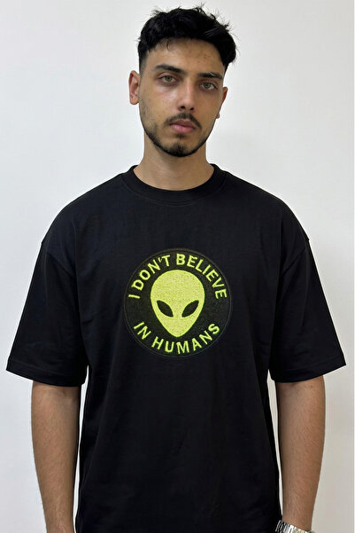 Anetos Alien Head Design Printed Oversize Black T-Shirt