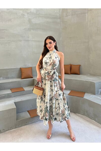 Aryesa butik DESENLİ KUSAKLI HALTER YAKA ELBİSE