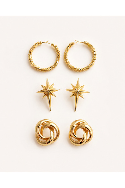 MRK 3 Pairs Earring Set Serrated Hoop Star Spiral Earrings