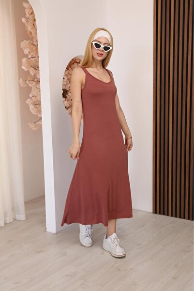 Mersella Daily Women's Strappy Slit Detailed Long Dress