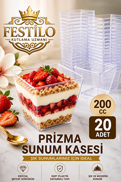 FESTİLO 20 Adet 200 cc Prizma Sunum Kasesi Şeffaf Sert Plastik Magnolya Tatlı...