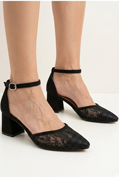 ŞAH Black Lace Tulle Detailed 5cm Engagement Wedding Evening Dress Shoes