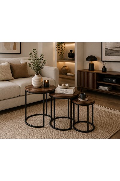 N.zone Modern Design 3-Piece Nesting Round Table Set - Luxury Wooden Top and ...