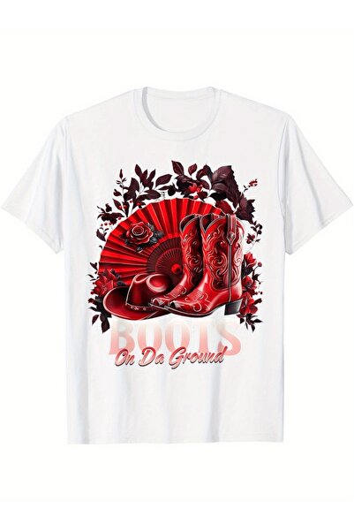 LİNA06 Men'S Graphic T-Shirt Red Boots with Floral Design Heavyweight 180Gsm ...