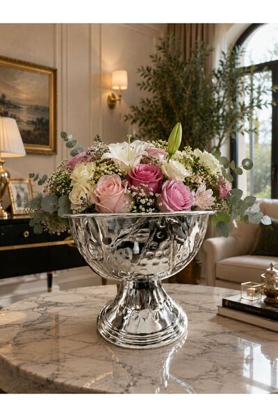 RoyalDecorHome EL İŞÇİLİĞİ DESENLİ GÜMÜŞ KÜRE MODEL VAZO DEKORATİF ÇOK AMAÇLI...