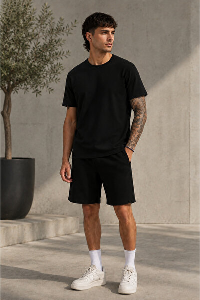 YAKAMEL Erkek Oversize Basic Şortlu Bisiklet Yaka Yazlık İkili Takım