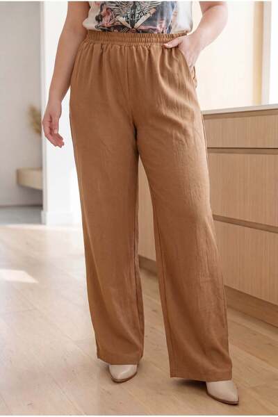 RMG Elastic Waist Wide Leg Plus Size Women's Linen Trousers Brown