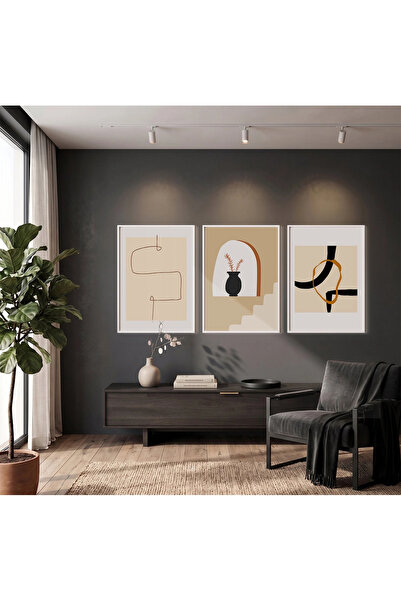 KOLAJTASARIM Set de pictură abstractă modernă Bej Earth, set de 3 tablouri cu...
