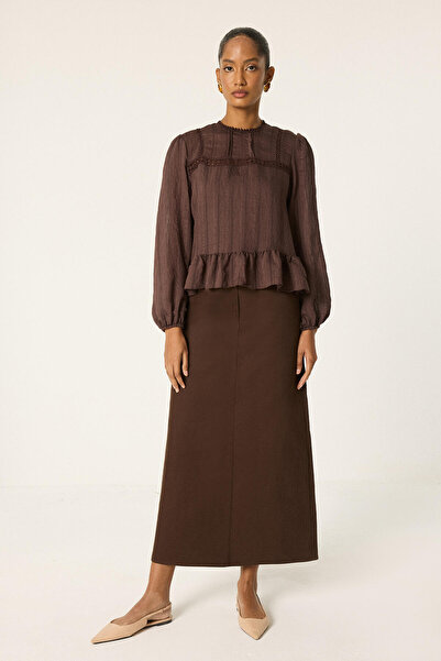 Touché Privé Bluz with Güpür Strip and Ruffle Detail