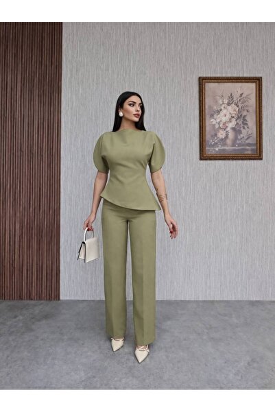 BNGL Boutique Bele oturan bluz & pallazo pantolon takım adaçayı rengi