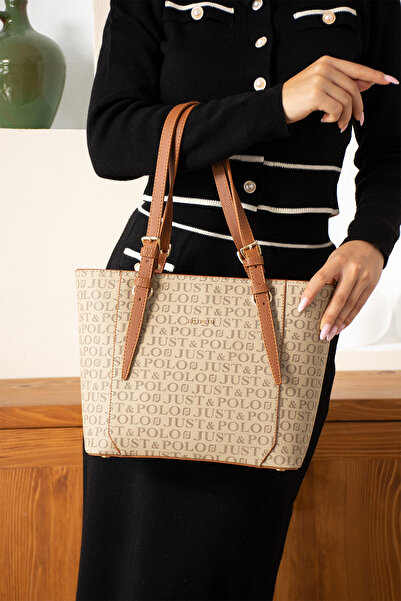 Just Polo Women's Mink-Tan Monogram Printed Large Size Women's Hand and Shoul...