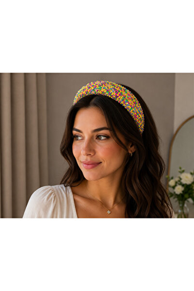 ZS Aksesuar Confetti Beaded Thick Hair Crown-Colorful Bead Detailed Hair Crown