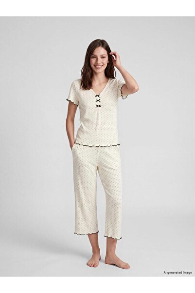 LC Waikiki V-Neck Polka Dot Women's Capri Pajama Set (S6)